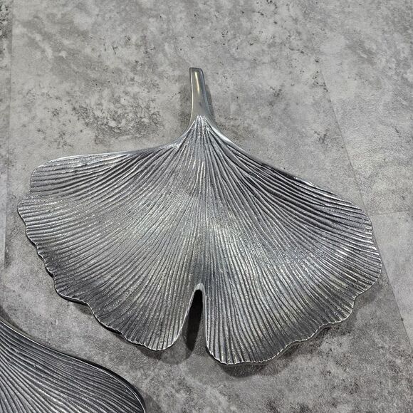 Set Of 3 Modern Style Silver Tone Aluminum Ginkgo Leaf Trinket Catchall Tray - Picture 4 of 9